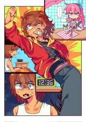 ... 1boy 1girl alternate_costume aubrey_(faraway)_(omori) aubrey_(omori) belt black_pants blank_speech_bubble blue_eyes blue_hairband bread bread_slice bright_pupils brown_belt brown_eyes brown_hair cellphone chibi clock closed_eyes closed_mouth collared_shirt corrupted_twitter_file dark-skinned_male dark_skin food food_in_mouth fried_egg fried_egg_on_toast hairband highres huasuan69416 jacket kel_(faraway)_(omori) kel_(omori) long_hair long_sleeves motion_lines mouth_hold omori open_mouth pants phone pink_hair pink_umbrella red_jacket shirt short_hair smartphone speech_bubble spoken_ellipsis sweat toast toast_in_mouth umbrella white_pupils white_shirt