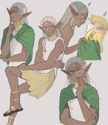 2boys blonde_hair blue_eyes braid cithis cloak dark-skinned_male dark_elf dark_skin dungeon_meshi elf facial_mark forehead_mark genderswap genderswap_(ftm) gladiator_sandals gorget green_cloak grey_background grey_hair half_up_braid highres hood hooded_cloak long_hair looking_at_another looking_at_viewer male_focus mchi125 multiple_boys multiple_views notched_ear pattadol pointy_ears sandals smile tunic yellow_eyes