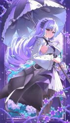 1girl ahoge black_pantyhose breasts commentary dress drill_hair from_side highres holding holding_umbrella large_breasts long_hair mising_0033 pantyhose pointy_ears purple_hair red_eyes sideboob smile solo symbol-only_commentary thorns umbrella vivian_banshee white_dress zenless_zone_zero