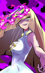 1girl :d blonde_hair commentary_request dress hair_over_one_eye highres inana_umi lillie_(pokemon) long_hair looking_at_viewer lusamine_(pokemon) lusamine_fused_(pokemon) nintendo open_mouth pokemon pokemon_sm reflection shirt sleeveless sleeveless_shirt smile solo teeth transformation upper_body upper_teeth_only very_long_hair white_dress