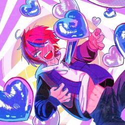 absurdres ahoge alien_stage black_pants black_streaks blank_eyes blush claw_pose commentary crying crying_with_eyes_open derivative_work drawstring english_commentary full-face_blush grey_jacket heart heart_out_of_chest highres hood hoodie jacket male_focus multicolored_hair multicolored_jacket navel pants parody purple_background red_hair short_hair streaked_hair sumino_takumi takumiaotsuki tears the_hundred_line_-last_defense_academy- two-tone_background two-tone_jacket white_background white_hoodie