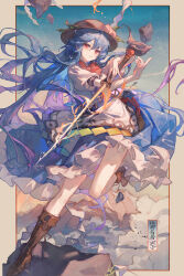 1girl bad_source blue_hair blue_skirt blush bow bowtie character_name closed_mouth cloud facing_viewer floating food frilled_skirt frills fruit full_body hair_between_eyes hat hat_ornament highres hinanawi_tenshi holding holding_weapon inset_border leaf leaf_hat_ornament leg_up long_bangs long_hair looking_at_viewer maccha_(mochancc) mountain peach peach_hat_ornament red_bow red_bowtie red_eyes shirt skirt sky smile solo standing standing_on_one_leg sword_of_hisou touhou very_long_hair wavy_hair weapon white_shirt