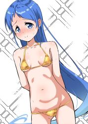 1girl arms_behind_back bikini blue_eyes blue_hair blush breasts dutch_angle gluteal_fold gold_bikini gradient_hair kantai_collection long_hair multicolored_hair nose_blush samidare_(kancolle) small_breasts smile solo sparkle_background standing swimsuit very_long_hair white_background yokoshima_(euphoria)