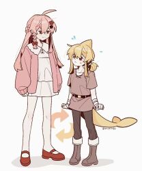 1boy 1girl a_pi ahoge anyelingy bandaged_arm bandages boots bow braid brown_shirt clenched_hands coat commentary_request cosplay costume_switch dress fins fish_tail flower flying_sweatdrops genderswap genderswap_(ftm) genderswap_(mtf) hair_between_eyes hair_bow hair_flower hair_ornament heterochromia highres indie_virtual_youtuber kaofish long_bangs long_hair looking_at_another looking_down looking_up mary_janes pants pantyhose pink_coat pink_hair red_eyes red_shoes shirt shoes side_braid signature simple_background sleeves_past_wrists smile tail white_background white_dress white_pantyhose yellow_eyes