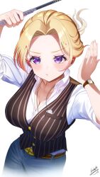 1girl :t absurdres aki_rosenthal artist_name blonde_hair blue_pants blush breasts brown_vest cleavage collared_shirt commentary_request cosplay denim dress_shirt floating_hair forehead guile guile_(cosplay) hair_intakes hands_up highres holding hololive jeans jewelry looking_at_viewer necklace nemu_iine pants pout purple_eyes shirt simple_background solo street_fighter street_fighter_6 v-shaped_eyebrows vest virtual_youtuber watch white_background white_shirt wristwatch