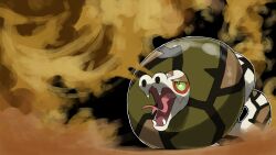 Rule 34 | animal focus, black background, blacknirrow, colored sclera, commentary, fangs, forked tongue, gen 8 pokemon, green eyes, highres, nintendo, no humans, nostrils, open mouth, outline, pokemon, pokemon (creature), pokemon focus, red sclera, sandaconda, sandstorm, skin fangs, solo, tongue, white outline