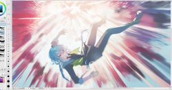 1girl ai_the_somnium_files ai_the_somnium_files:_nirvana_initiative art_program_in_frame black_dress black_pantyhose black_shoes collared_shirt dress explosion falling full_body grey_eyes heterochromia highres illowine long_sleeves necktie okiura_mizuki pantyhose red_necktie shirt shoes solo vest white_shirt yellow_eyes yellow_vest