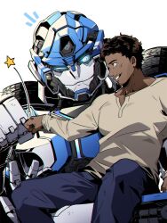 1boy autobot beard_stubble blue_eyes blue_pants brown_hair brown_shirt collarbone dark-skinned_male dark_skin facial_hair fist_bump glowing glowing_eyes highres long_sleeves mecha mirage_(transformers) mustache_stubble noah_diaz one_eye_closed pants parted_lips robot sa_buroo shirt short_hair sitting smile star_(symbol) stubble transformers transformers:_rise_of_the_beasts transformers_(live_action) wheel white_background