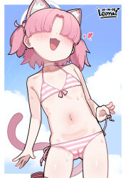 1girl :3 absurdres animal_ears artist_name bikini blue_archive bow bow_choker cameltoe cat_ears cat_girl cat_tail chlorella_observation_club_member_(blue_archive) chlorella_observation_club_member_(swimsuit)_(blue_archive) choker commentary_request cowboy_shot dated extra_ears faceless faceless_female flat_chest hair_over_eyes halterneck highres leonat loli navel open_mouth paid_reward_available pink_bikini pink_bow pink_hair short_hair side-tie_bikini_bottom signature solo striped_bikini striped_clothes swimsuit tail two_side_up white_choker