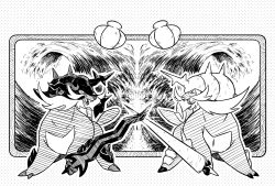 absurdres dotted_background facial_hair fang fangs gen_5_pokemon highres hisuian_form hisuian_samurott holding holding_weapon inktober monochrome nintendo no_humans opposing_sides pokemon samurai samurott seashell shell sword sword_clash thibautpierson water waves weapon whiskers