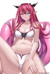 absurdres artist_name bikini blue_eyes blush bow bow_bikini breasts commentary double_halo halo hand_on_own_thigh heterochromia highres hololive hololive_english horns innertube irys_(hololive) large_breasts long_hair looking_at_viewer multiple_horns navel open_mouth pointy_ears purple_eyes red_hair seraphim_throne side-tie_bikini_bottom simple_background sitting spread_legs star_halo swim_ring swimsuit twitter_username virtual_youtuber white_background white_bikini