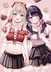 Rule 34 | 2girls, aqua eyes, black hair, black skirt, blue eyes, blush, bow, breasts, brown hair, candy, closed mouth, commentary request, crop top, food, frilled shirt, frills, green eyes, hair between eyes, hair ornament, highres, holding, holding candy, holding food, holding hands, holding lollipop, lollipop, long hair, looking at viewer, midriff, multiple girls, navel, open mouth, original, pink shirt, pleated skirt, purple eyes, purple hair, red bow, red shirt, ribbon, sakura hiyori, shirt, short sleeves, skirt, smile, thighhighs, twintails, very long hair, white thighhighs