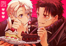 2boys black_hair blue_eyes blush cake cake_slice eating facial_scar food fork fruit hand_up heart highres holding holding_fork holding_plate kagurabachi katsutacle licking_lips male_focus multiple_boys pink_background plate red_eyes rokuhira_chihiro sazanami_hakuri scar scar_on_cheek scar_on_face single_sidelock strawberry tongue tongue_out upper_body white_hair yaoi