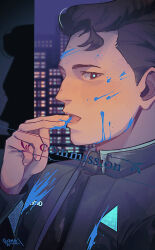 1boy akairosu black_hair blood blood_on_face blue_blood commission connor_(detroit) detroit:_become_human glowing_pupils highres licking_blood long_sleeves looking_at_viewer male_focus necktie shadow sideburns solo upper_body