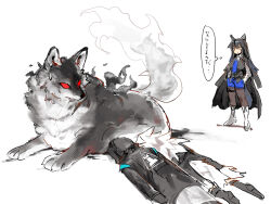 1other 2girls animal_ears arknights black_coat black_hair black_vest blue_necktie blue_shorts boots coat coat_on_shoulders commentary_request doctor_(arknights) face_down hands_in_pockets highres hood hood_up hooded_coat jitome knee_boots lappland_(arknights) long_hair long_sleeves looking_at_another lying multiple_girls mutomorokoshi necktie on_ground on_stomach orange_eyes pantyhose pantyhose_under_shorts short_shorts shorts simple_background small_sweatdrop speech_bubble tail texas_(arknights) texas_the_omertosa_(arknights) thought_bubble translation_request vest white_background white_boots white_hair wide_shot wolf wolf_ears wolf_girl wolf_tail zaaro_(arknights)