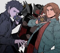 2boys advent_deck armor black_bodysuit black_coat black_eyes black_hair blue_jacket bodysuit brown_eyes brown_hair coat colored_skin commentary_request cowboy_shot glowing glowing_eyes grey_background group_picture helmet highres jacket kamen_rider kamen_rider_ryuga kamen_rider_ryuki kamen_rider_ryuki_(series) kido_shinji male_focus mirror_shinji multiple_boys red_bodysuit short_hair simple_background tantotete904 tokusatsu