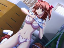 Rule 34 | 1girl, bad source, bow, bow bra, bow panties, bra, breasts, buruma, buruma around leg, clothes lift, feet, female focus, food, fruit, game cg, gym shirt, gym storeroom, gym uniform, indoors, lace, lace-trimmed bra, lace trim, large breasts, leg lift, lingerie, makino konoha, nekonyan, panties, pink bra, pink panties, raspberry, raspberry (game), red hair, shirt, shirt lift, short sleeves, short twintails, socks, solo, twintails, underwear, undressing, vaulting horse, white shirt