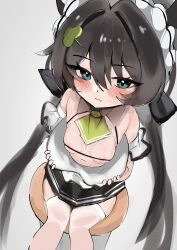 Rule 34 | 1girl, absurdres, apron, areola slip, ascot, bikini, black hair, black skirt, blue eyes, closed mouth, from above, goddess of victory: nikke, green ascot, highres, horn-shaped hair, ieugama, low twintails, maid apron, maid headdress, micro bikini, see-through clothes, see-through thighhighs, sitting, skirt, solo, swimsuit, thighhighs, trony (nikke), trony (sweet step) (nikke), twintails