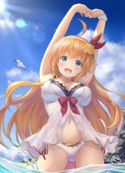 Rule 34 | 1girl, :d, absurdres, ahoge, animal, arms up, bare arms, bare shoulders, bikini, bikini bottom only, bird, blue sky, blurry, blurry background, blush, braid, breasts, cleavage, cloud, cloudy sky, collarbone, day, depth of field, female focus, fingernails, flower, green eyes, hair between eyes, hair flower, hair ornament, hairband, head tilt, highres, interlocked fingers, long hair, navel, open mouth, orange hair, outdoors, pecorine (princess connect!), pecorine (summer) (princess connect!), princess connect!, rose, seagull, side-tie bikini bottom, single braid, sky, smile, solo, swimsuit, very long hair, wading, water, white bikini, white hairband, yellow flower, yellow rose, yuririn poi