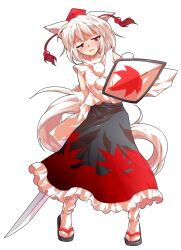 1girl alphes_(style) animal_ears blush commentary_request dairi defeat detached_sleeves full_body hat highres holding holding_shield holding_sword holding_weapon inubashiri_momiji katana large_variant_set leaf_print long_skirt maple_leaf_print messy_hair open_mouth parody pom_pom_(clothes) red_eyes sandals shield skirt solo standing straight-on style_parody sword tachi-e tail tokin_hat touhou transparent_background variant_set weapon white_hair white_tail wolf_ears wolf_girl wolf_tail