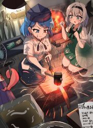 2girls alternate_costume black_hat blacksmith blue_eyes blue_shirt forge furnace ghost ghost_print glowing_hot green_eyes green_skirt grey_hair hat heterochromia highres indoors karakasa_obake konpaku_youmu konpaku_youmu_(ghost) lamp lobstrater64 multiple_girls red_eyes shirt short_hair skirt sweat sword tatara_kogasa touhou translation_request umbrella v-shaped_eyebrows weapon