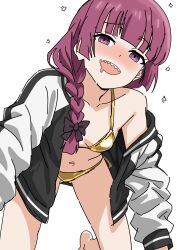 1girl absurdres all_fours bikini bocchi_the_rock! braid breasts drooling drunk gold_bikini highres hiroi_kikuri jacket letterman_jacket long_hair mouth_drool purple_eyes red_hair riokasen sharp_teeth shirt_slip small_breasts solo swimsuit teeth white_background
