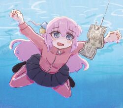1girl album album_art album_cover album_cover_redraw barefoot black_socks blue_eyes bocchi_the_rock! breasts cover cube_hair_ornament derivative_work fish_hook fishing_line fishing_lure gotoh_hitori hair_ornament hook jacket long_hair medium_breasts money nevermind nirvana_(band) pants pink_hair skirt socks submerged swimming underwater zipper