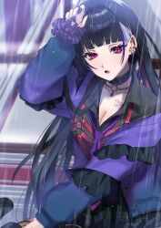 1girl absurdres belt belt_collar black_belt black_hair black_nails black_shirt black_skirt breasts buttons cardigan chest_harness chest_tattoo cleavage collar collarbone collared_shirt ear_piercing earrings grey_hair hair_intakes harness highres jewelry long_hair long_sleeves meloco_kyoran meloco_kyoran_(1st_costume) necktie nekomichi_fuu nijisanji nijisanji_en o-ring open_mouth piercing pink_eyes plaid_clothes plaid_skirt purple_cardigan purple_hair purple_necktie second-party_source shirt skirt solo tattoo virtual_youtuber wet wet_clothes wet_hair