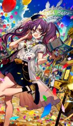 1boy 1other 3girls abigail_williams_(fate) adjusting_eyewear androgynous architecture backpack badge bag balloon belt black-framed_eyewear black_hat black_socks blonde_hair blue_hair blue_skirt blue_sky bracelet breasts brochure brown_bag button_badge buttons captain_nemo_(fate) character_hat cloud coat commentary confetti day demon_pillar_(fate) diffraction_spikes double-parted_bangs dumuzid_(fate) dutch_angle east_asian_architecture fate/grand_order fate_(series) floating_hair food foot_out_of_frame fou_(fate) fujimaru_ritsuka_(female) glasses glint gradient_hair gugalanna_(fate) hair_between_eyes happy hat holding jewelry lanyard lavinia_whateley_(fate) leg_up long_hair looking_to_the_side lord_camelot_(fate) low_twintails mascot_costume medium_breasts medjed_(fate) miniskirt multicolored_hair multiple_girls nemo_(fate) nozaki_tsubata official_alternate_costume official_art open_mouth outdoors popcorn purple_eyes purple_hair quantum_piece_(fate) riyo_(lyomsnpmp)_(style) saint_quartz_(fate) shirt shoes short_sleeves shoulder_bag sidelocks sion_eltnam_(type-moon) sion_eltnam_sokaris skirt sky smile socks solo_focus stanchion standing striped_belt sunlight teeth third-party_source twintails upper_teeth_only v-shaped_eyebrows vending_cart very_long_hair white_belt white_coat white_hat white_shirt white_shoes