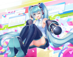 Rule 34 | 1girl, :d, absurdres, aqua hair, aqua nails, aqua necktie, aqua trim, armpits, black skirt, blue eyes, blush, boots, breasts, collared shirt, detached sleeves, hair between eyes, hair ornament, hatsune miku, headphones, highres, holding, holding microphone, internet explorer, long hair, long sleeves, looking at viewer, medium breasts, microphone, necktie, one eye closed, open mouth, pleated skirt, shirt, sideboob, skirt, smile, solo, thick thighs, thigh boots, thighs, twintails, very long hair, vocaloid, white shirt, wide sleeves, xmxing