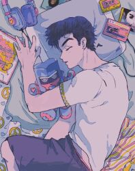 Rule 34 | 1boy, arm up, black hair, black shorts, cassette tape, cd case, character doll, closed eyes, crazy diamond, diamond wa kudakenai, doll, ffoxx, headphones, higashikata josuke, jojo no kimyou na bouken, lying, male focus, on side, parted lips, pillow, pompadour, shirt, short hair, short sleeves, shorts, sideburns, sleeping, solo, unworn clothes, unworn headphones, white shirt