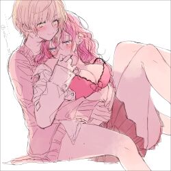 2girls amane_(7783) blonde_hair blush brown_hair commentary_request curly_hair earrings green_eyes highres hug ichinose_shiki idolmaster idolmaster_cinderella_girls jewelry lingerie long_hair miyamoto_frederica multiple_girls pleated_skirt short_hair simple_background skirt stud_earrings sweat sweater translated unbuttoned unbuttoned_shirt underwear white_background yuri