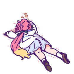 Rule 34 | 1girl, ahoge, anyoji hime, black ribbon, blonde hair, blue dress, check commentary, colored tips, commentary request, dress, full body, hair ribbon, hasu no sora school uniform, hood, hood down, hooded jacket, jacket, link! like! love live!, long sleeves, love live!, lying, medium dress, multi-tied hair, multicolored hair, on stomach, pink hair, pleated dress, ponytail, ribbon, school uniform, shinanoya (satanicad), simple background, solo, summer uniform, trembling, virtual youtuber, white background, white jacket
