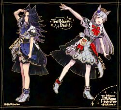 2girls adversarial_noise animal_ears black_background boots bow bowtie character_name closed_mouth corset ear_bow fenomeno_(umamusume) full_body gold_ship_(umamusume) grey_boots grey_hair grey_shirt grey_shorts hat hi_(ibisf5umauma) high_heel_boots high_heels highres holding holding_microphone horse_ears horse_girl horse_tail leaning_to_the_side long_sleeves looking_at_viewer microphone mini_hat multiple_girls multiple_views open_mouth orange_outline outline overskirt salute shirt short_sleeves shorts smile standing standing_on_one_leg tail trailblazer_bash!_(umamusume) twitter_username umamusume