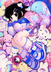 1girl 2020 absurdres backpack bag bandaged_knees bear_hair_ornament bib black_eyes black_hair blue_shoes bow covering_own_mouth crest cyclops doll down_jacket empty_eyes eye_of_providence female_focus flipped_hair gauze gem guro gym_shorts hair_flaps hair_ornament hairclip halo hand_over_own_mouth highres intravenous_drip jacket looking_at_viewer mino_(kirarayakubou) multicolored_jacket multicolored_shoes one-eyed organs original partially_submerged partially_underwater_shot pill_bottle ponytail purple_scrunchie rainbow randoseru scrunchie shoes shooting_star shorts sidelocks sneakers socks solo sticker stuffed_animal stuffed_dinosaur stuffed_fox stuffed_rabbit stuffed_toy stuffed_unicorn swept_bangs third_eye two-tone_jacket two-tone_legwear two-tone_shorts velcro velcro_footwear wet white_shoes