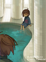 2others ahoge arm_support backrooms_(creepypasta) barefoot blue_shorts blue_sweater bob_cut brown_hair chara_(undertale) closed_eyes commentary_request dande_lion2604 double-parted_bangs dream_pool film_grain frisk_(undertale) from_above from_behind full_body hair_between_eyes hair_intakes highres indoors multiple_others other_focus parted_lips partially_submerged pink_sweater pool short_hair shorts sitting sunlight sweater tile_floor tile_wall tiles turtleneck turtleneck_sweater twitter_username u_u undertale watermark window