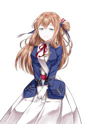 1girl absurdres alice american_flag american_flag_print black_pantyhose blouse blunt_bangs blush braid breasts brown_hair closed_mouth cloud collared_jacket collared_shirt cowboy_shot dated dress female_focus flag_print french_braid from_below full_body girls&#039;_frontline gloves green_eyes hair_between_eyes hair_ribbon hair_rings half-closed_eyes half_updo highres jacket long_hair long_sleeves looking_at_viewer looking_away medium_breasts military military_uniform neck_ribbon one_eye_closed open_mouth own_hands_together pantyhose ponytail red_ribbon ribbon sash shirt sidelocks simple_background smile solo springfield_(girls&#039;_frontline) standing tareme thighs white_background white_dress white_gloves white_shirt