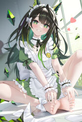 1girl absurdres apron arknights bare_legs barefoot black_hair blush dress green_dress green_eyes green_hair grin heart highres holding_own_foot indoors long_hair maid_headdress mon3tr_(arknights) sitting smile solo sweat white_apron zayur