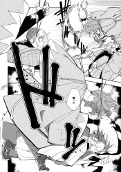 1boy 1girl at_knifepoint boy_on_top comic duel emphasis_lines fate/grand_order fate_(series) from_side greyscale hair_between_eyes hair_over_eyes hair_over_one_eye hakama hakama_pants haori highres holding holding_stick japanese_clothes kimono looking_at_another lying medium_hair monochrome motion_blur nanka0616 okita_souji_(fate) okita_souji_(koha-ace) on_back on_one_knee outside_border pants parted_lips ponytail profile saitou_hajime_(fate) saitou_hajime_(third_ascension)_(fate) sandals scarf shinsengumi smile speech_bubble stick surprised tabi translation_request wide-eyed zouri