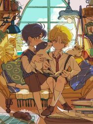 2boys aged_down bishounen blonde_hair blue_eyes blue_hair book cat couch danny_(jojo) dio_brando dog ear_birthmark green_eyes highres holding_animal holding_dog inu_koro_koro jojo_no_kimyou_na_bouken jonathan_joestar male_focus multiple_boys phantom_blood reading shirt short_hair short_shorts shorts tagme