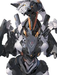 1girl absurdres armor black_armor grey_armor highres humanoid_robot joints mechanical_arms original piston robot robot_ears robot_girl robot_joints science_fiction solo white_armor white_background yellow_eyes yunimaru