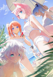 6+girls ahoge animal_ear_fluff animal_ears arm_at_side armpit_peek bat_hair_ornament beach beach_umbrella bikini blue_eyes blue_hair blue_sky breasts building_sand_sculpture character_request closed_mouth collarbone commentary_request copyright_request day food food_bite food_on_face frilled_bikini frills fruit green_eyes grin hair_ornament hand_up highres holding holding_food holding_fruit holding_watermelon large_breasts looking_at_viewer looking_to_the_side multiple_girls nilitsu no_nose ocean orange_hair outdoors palm_leaf parted_lips pink_hair ponytail sand sand_sculpture shading_eyes short_hair side_ponytail sky smile standing sunlight swimsuit tail turning_head umbrella watermelon watermelon_slice white_bikini white_hair yellow_eyes