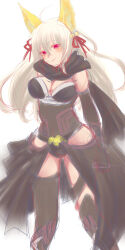 1girl animal_ears bell black_cape black_gloves black_leotard black_scarf black_thighhighs blush breasts cape closed_mouth commentary_request elbow_gloves feet_out_of_frame fox_ears fox_girl gloves grey_hair guillotine_cross_(ragnarok_online) hair_bell hair_ornament hair_ribbon ice_pick jingle_bell large_breasts leotard long_hair looking_at_viewer official_alternate_costume ragnarok_online red_eyes red_ribbon ribbon scarf shirokuro_(erisnoa) simple_background sketch smile solo standing thighhighs waist_cape white_background