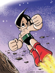 1boy 2007 angry artist_name atom_(tetsuwan_atom) black_hair flying no_humans oscar_gonzalez_loyo robot solo spiked_hair tetsuwan_atom