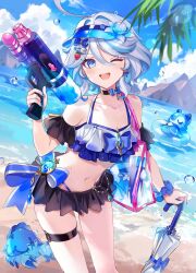 Rule 34 | 1girl, ahoge, air bubble, alternate costume, bikini, black choker, blue eyes, blue gemstone, blue hair, blue scrunchie, blue sky, bubble, choker, cloud, cloudy sky, earrings, furina (genshin impact), gem, genshin impact, hair between eyes, highres, holding, holding umbrella, holding water gun, jewelry, looking at viewer, navel, ocean, one eye closed, open mouth, outdoors, scrunchie, short hair, sky, smile, solo, soraneko hino, standing, stomach, swimsuit, thigh strap, umbrella, vision (genshin impact), visor cap, water gun, wrist scrunchie