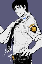 1boy batman_(series) belt_pouch black_necktie black_pants blue_eyes cropped_legs dated dc_comics dick_grayson disembodied_hand holding_necktie looking_at_viewer male_focus necktie nightwing nightwing_symbol pants police police_uniform policeman pouch redemption13 short_hair signature simple_background sketch smile solo spot_color