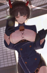 1girl absurdres ako_(blue_archive) ako_(blue_archive)_(cosplay) bell black_hair blue_archive breasts broken_horn buttons clipboard cosplay cowbell double-breasted gloves gradient_horns half_gloves halo highres holding holding_clipboard holding_phone horns koutannkoburia large_breasts looking_at_viewer mole mole_under_eye multicolored_horns niya_(blue_archive) orange_horns phone short_hair sideboob sideless_outfit sideless_shirt solo white_halo