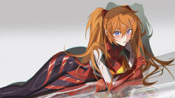 1girl 98minhye absurdres arm_rest blue_eyes bodysuit breasts evangelion:_3.0_you_can_(not)_redo feet_out_of_frame grey_background hairpods highres long_hair looking_at_viewer lying mecha_pilot_suit neon_genesis_evangelion on_side orange_hair parted_lips plugsuit_(evangelion) rebuild_of_evangelion red_bodysuit reflective_floor shadow simple_background skin_tight small_breasts solo souryuu_asuka_langley two_side_up very_long_hair