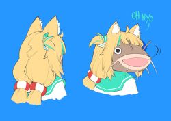 1girl absurdres ahoge animal_ears blonde_hair blue_background cat_ears catfish cropped_torso fish highres indie_virtual_youtuber low_twintails pun sameko_saba turning_head twintails virtual_youtuber zero_(muftisaili)