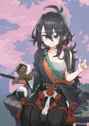 Rule 34 | 1girl, absurdres, black eyes, black hair, black hakama, black kimono, breasts, brown gloves, chest sarashi, chinese commentary, closed mouth, commentary request, commission, cowlick, eating, food, food on face, gloves, hadanugi dousa, hair between eyes, hair ornament, hakama, highres, holding, holding food, japanese clothes, jun (navigavi), katana, kimono, large breasts, long hair, long sleeves, looking at viewer, onigiri, open kimono, original, rice, sarashi, sheath, sheathed, single glove, sitting, skeb commission, smile, solo, sword, very long hair, watermark, weapon, weibo watermark